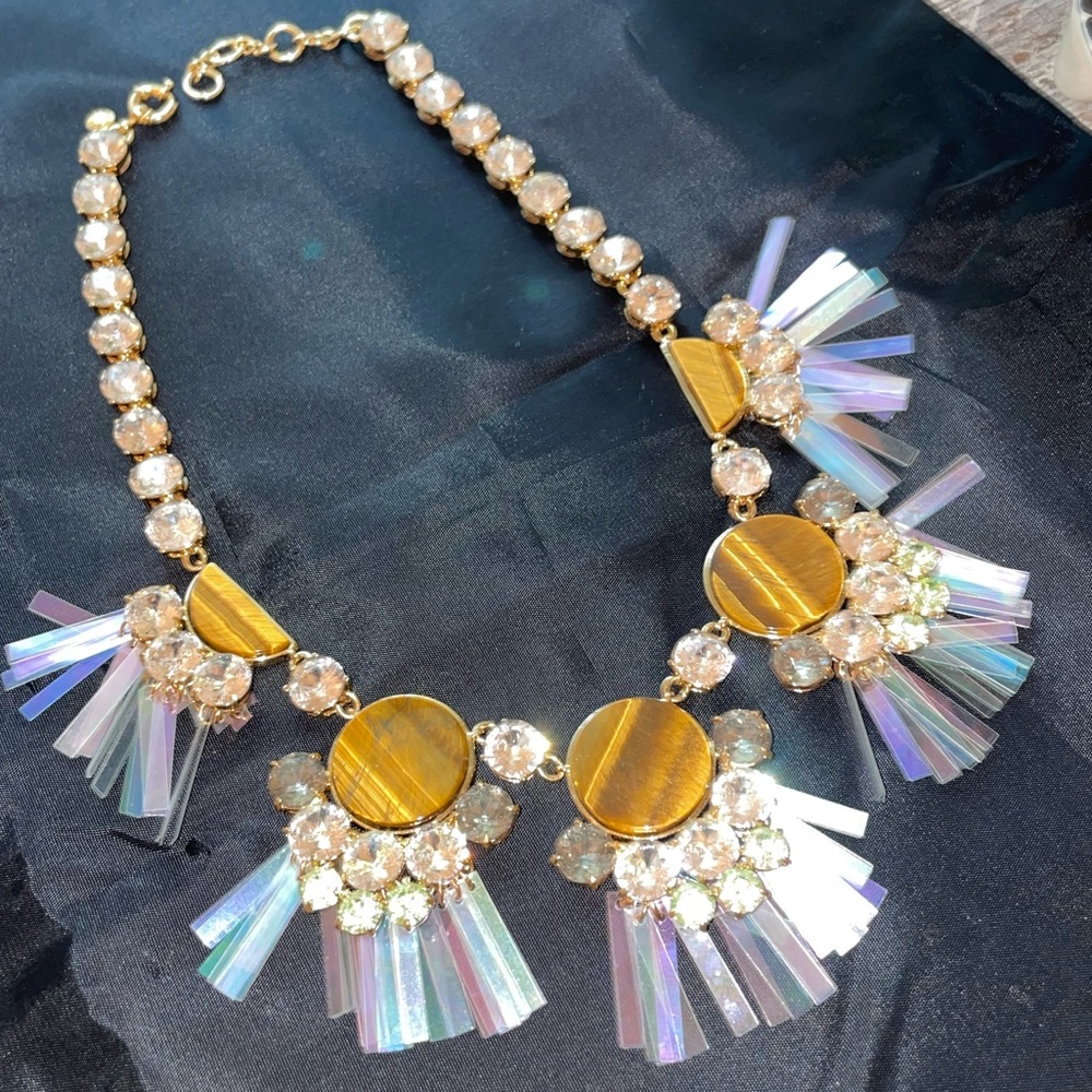J. Crew Jeweled Tigers Eye Crystal Iridescent Fringe Necklace